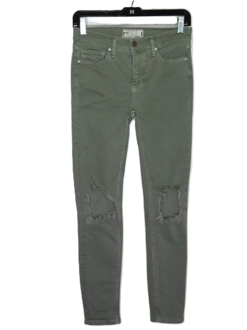 FP Free People Skinny Jeans Distressed Olive Green Medium Wash Mid Rise Sz 26